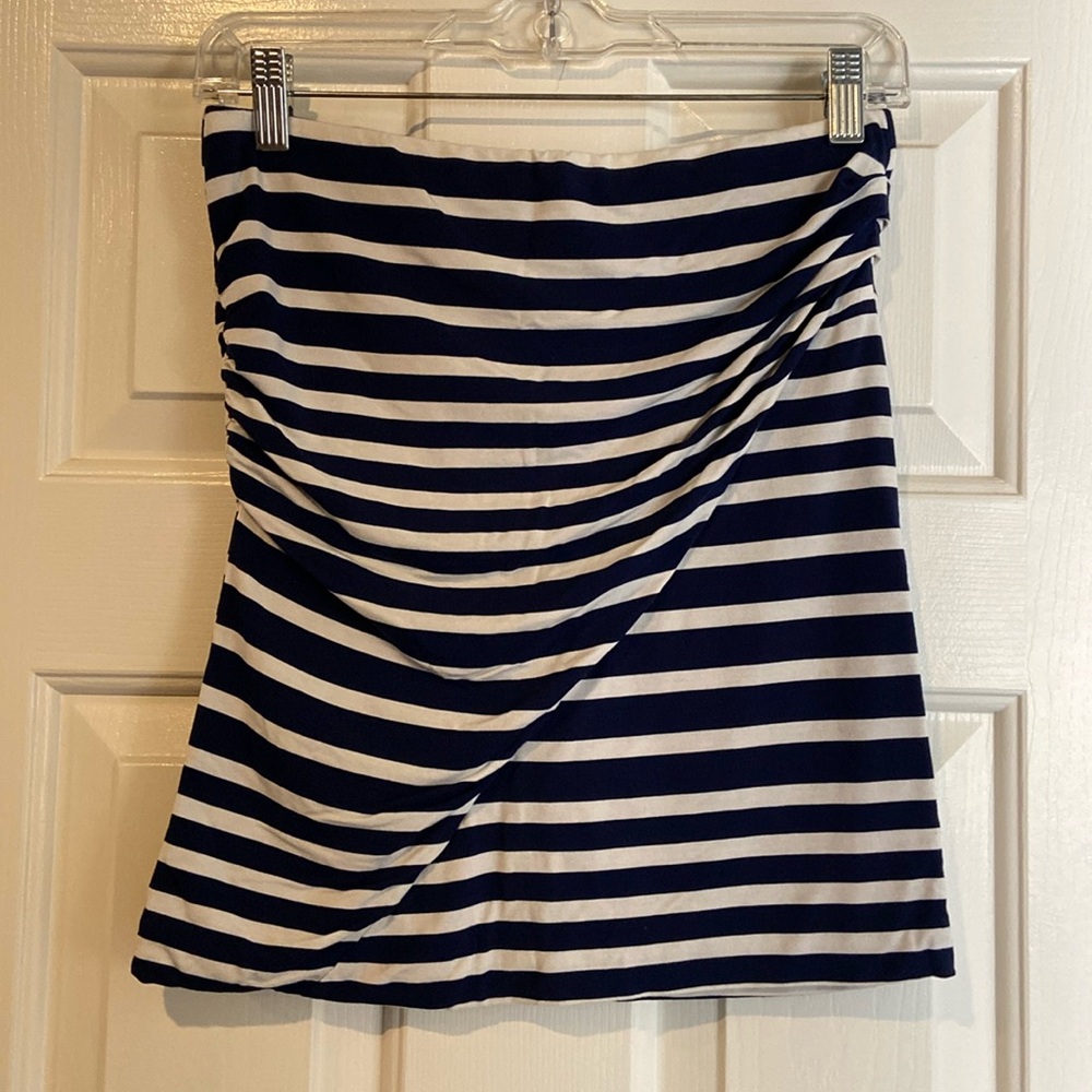 CAbi Ruched Striped Skirt in Navy Blue/White